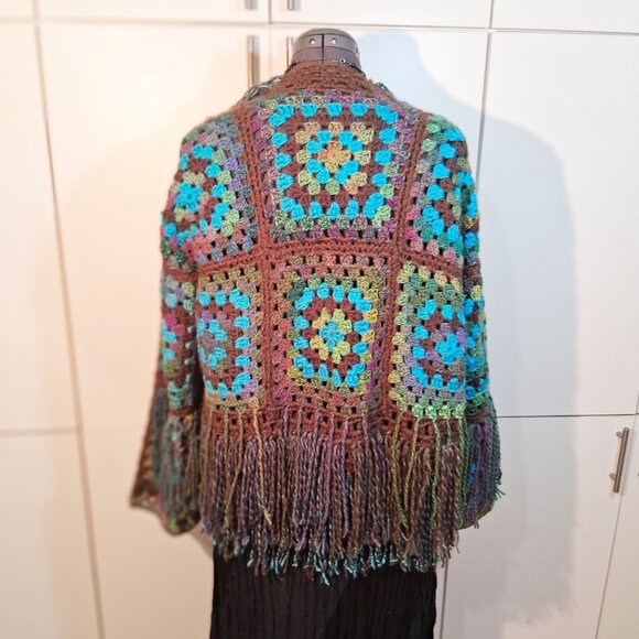 My Fairy Forrest Brown Green Turquoise Granny Square Super Fringe Sweater L/XL - Picture 13 of 16